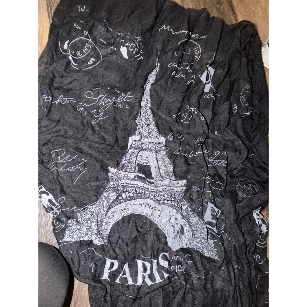 Paris Eiffel Tower Graphic Scarf Black White Script Print Frayed Edge Gauze